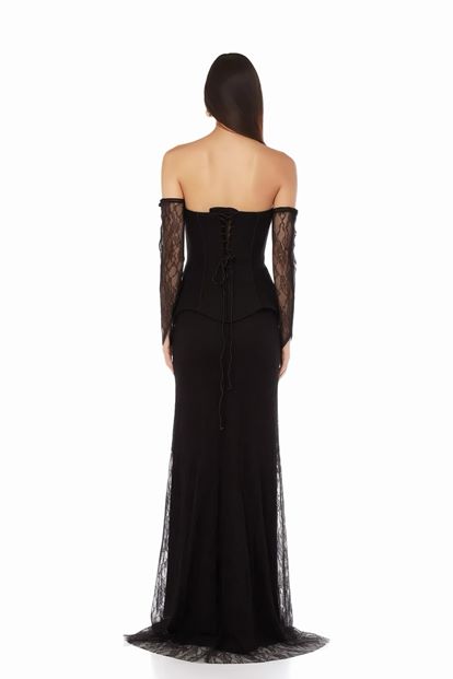 Kahverengi Peplum Detaylı  Dantelli Abiye  Elbise